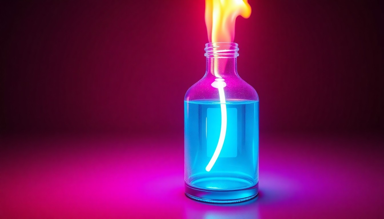 A highly detailed 3D illustration of a glowing, neon-lit Molotov cocktail bottle, its glass container and flaming wick illuminated by vibrant cyan and magenta lights, conceptually representing the incendiary attack on the OpenAI CEO's home.