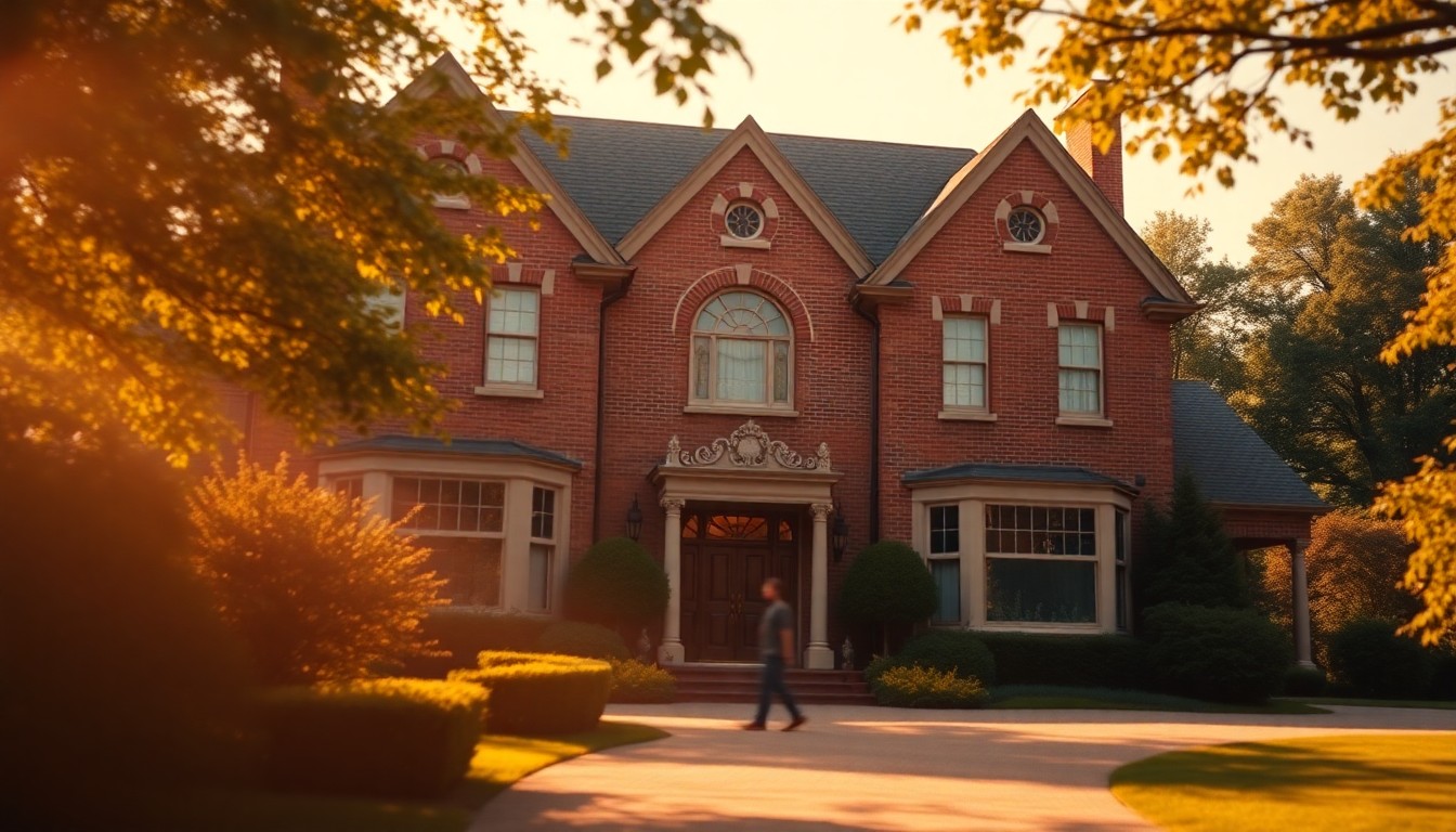 An extremely abstracted, out-of-focus photograph in soft pools of warm light and color depicting the exterior of a large brick home surrounded by greenery.