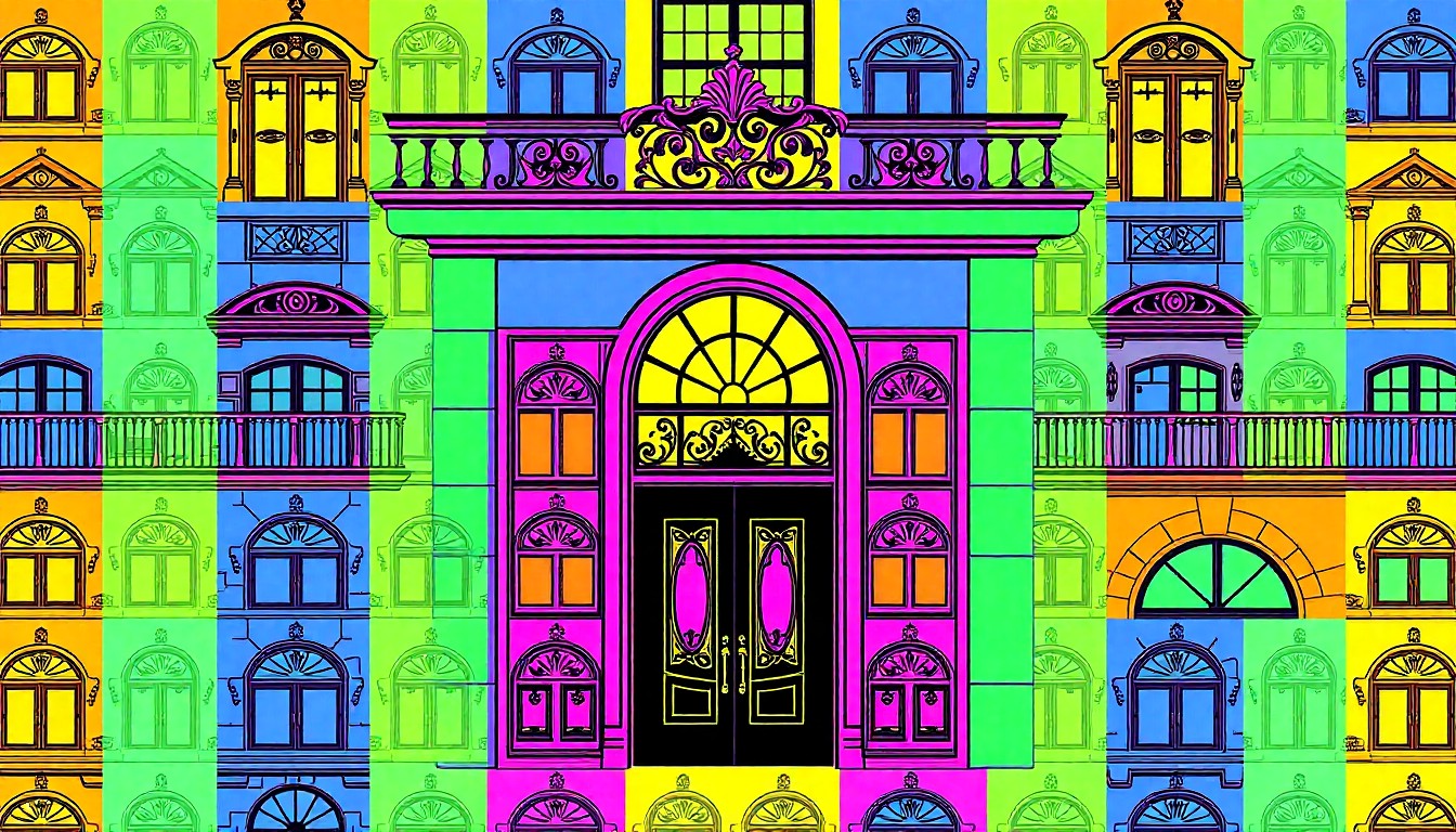 A brightly colored, high-contrast silkscreen print of a decorative roofline feature from a luxury home, repeated in a tight grid pattern and rendered in vibrant neon hues with heavy black outlines, conceptually representing the premium design and finishes of a custom-built luxury residence.