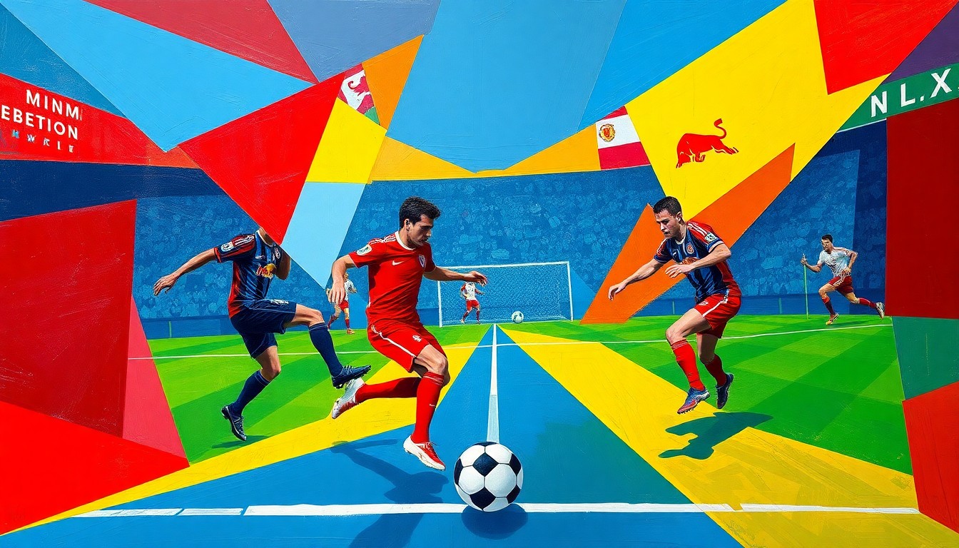 A fractured, geometric painting depicting the soccer match between Inter Miami and the New York Red Bulls, with the players' movements and the ball's trajectory represented through bold, angular shapes in a vibrant color palette.