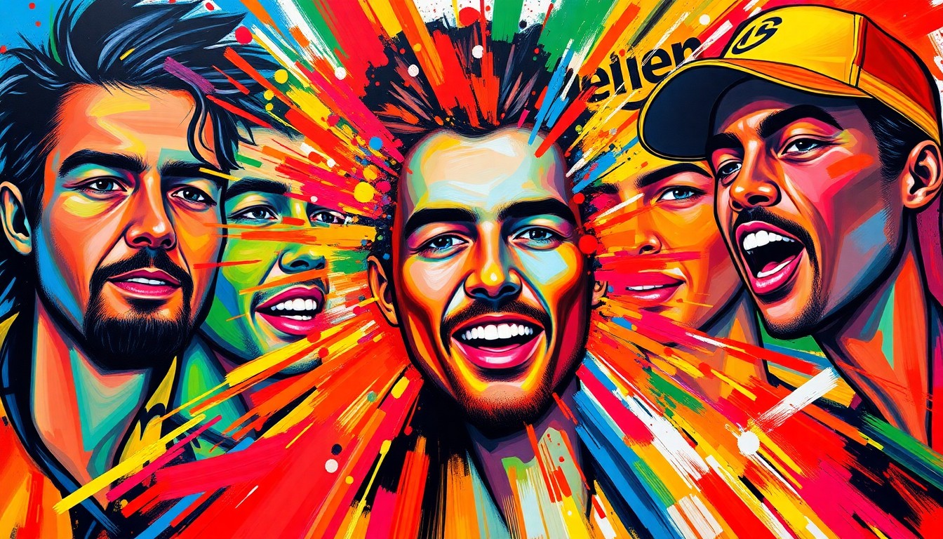 An abstract, expressionist painting in vibrant neon colors, with rapid brushstrokes and dissolving shapes that capture the dynamic energy and passion of the tennis influencer community.