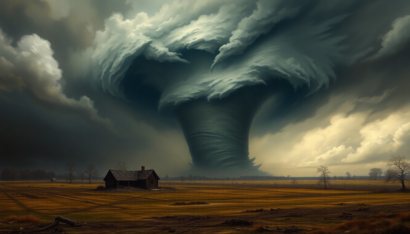A dramatic landscape painting depicting a massive tornado as a swirling vortex of dark clouds and turbulent winds, dwarfing the rural landscape below and conveying a sense of the overwhelming, sublime scale of the natural disaster.