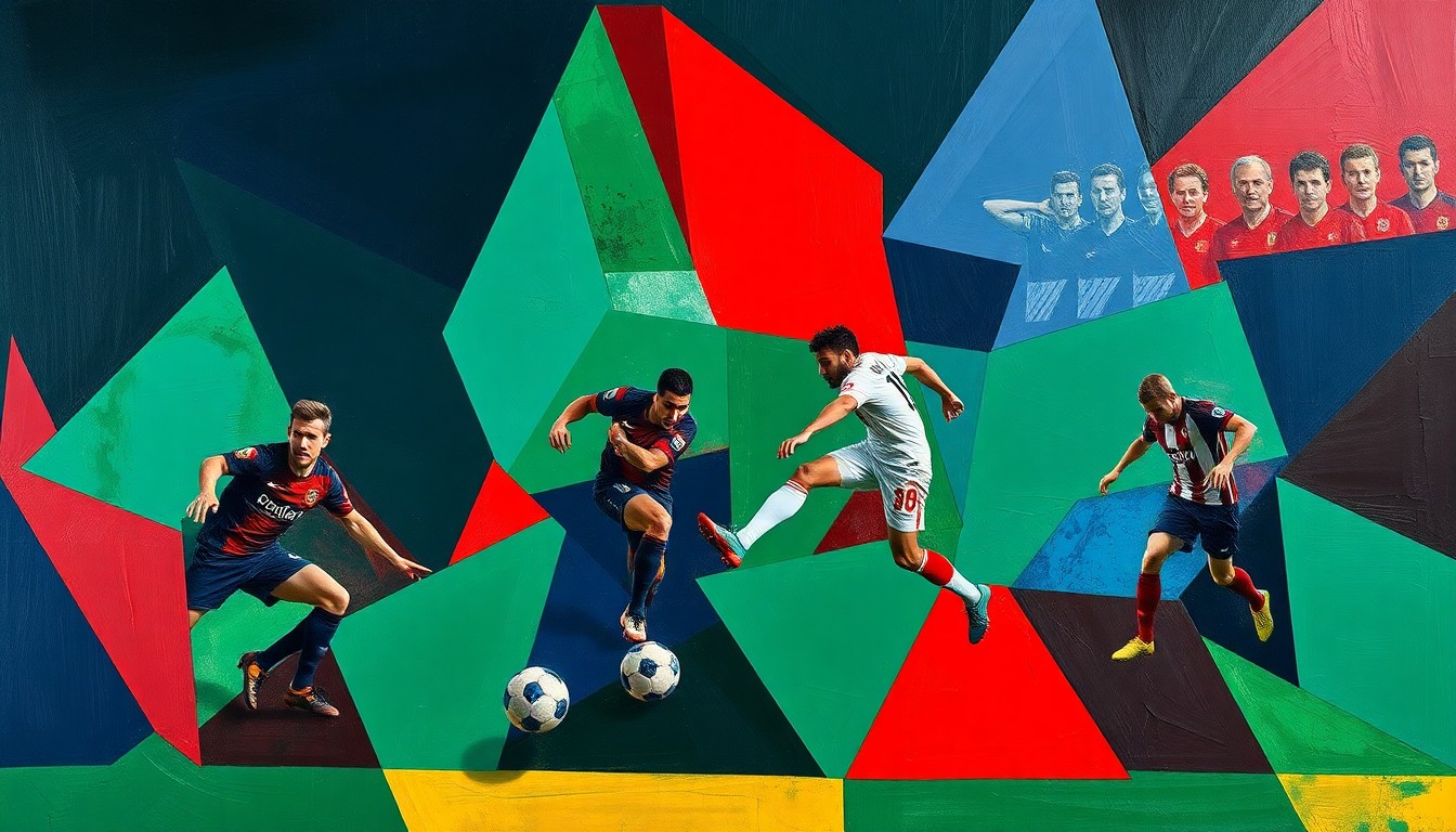 A fragmented, geometric painting in bold colors depicting the overlapping movements and perspectives of a soccer match, with players' forms abstracted into angular shapes.