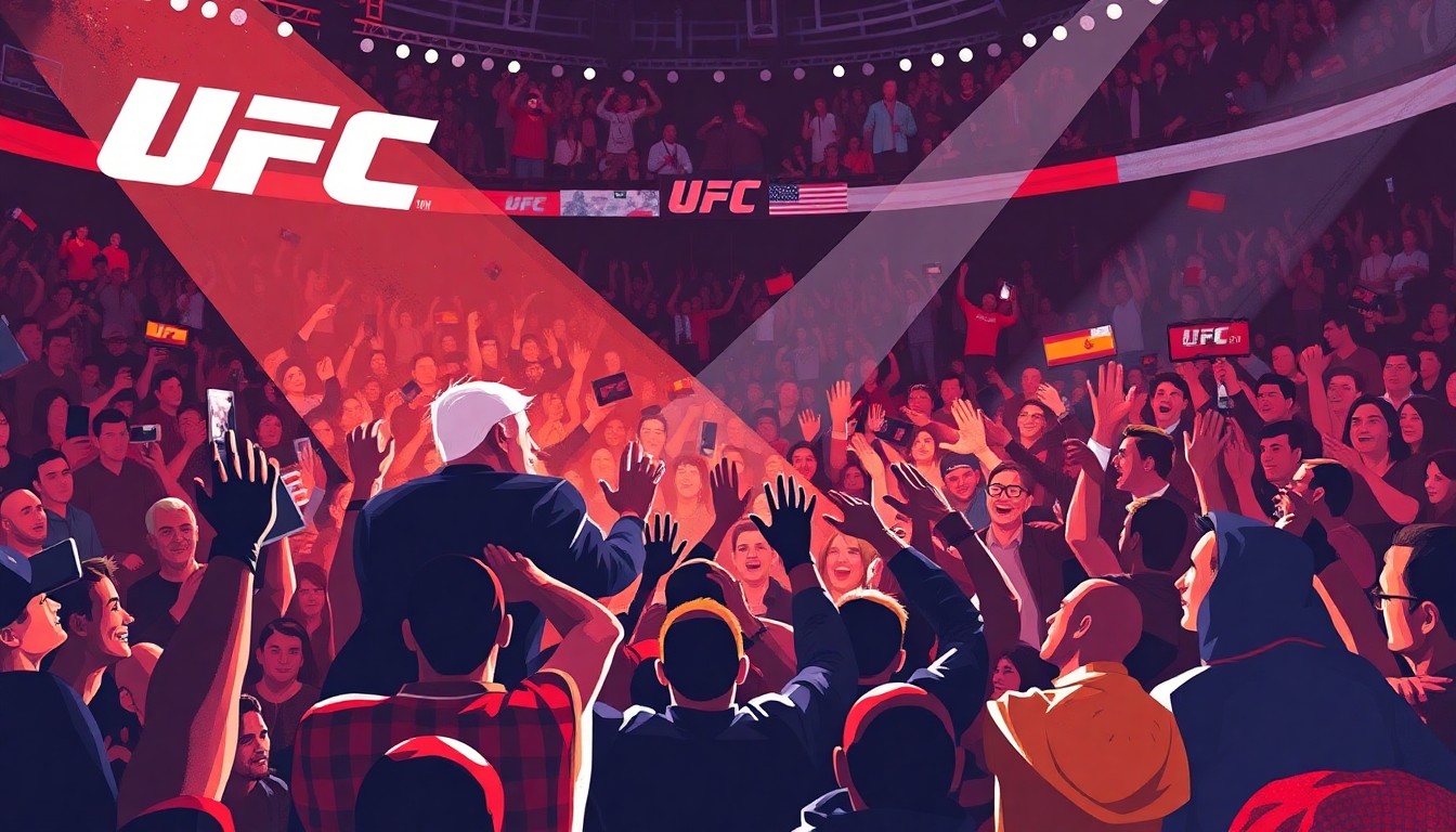 An abstract, expressionistic illustration featuring dynamic, overlapping shapes in vibrant shades of red, orange, and yellow, conveying the energy and excitement of a packed UFC event where the former president made a surprise appearance.