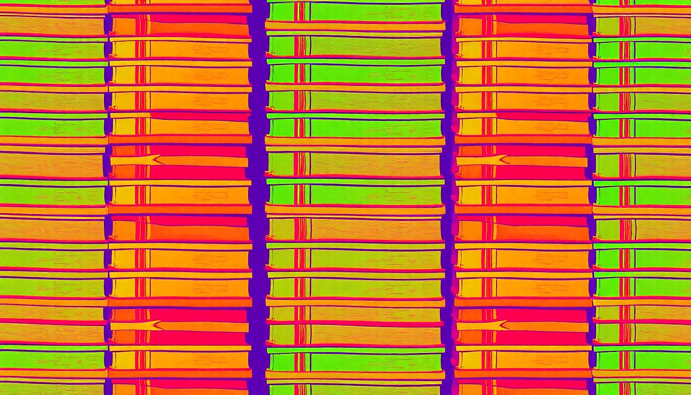 A bold, colorful silkscreen-style illustration featuring a repeating pattern of stacked books in vibrant neon shades, conceptually representing the librarians' efforts to embrace digital platforms and engage with their community.