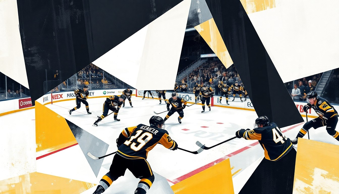 A cubist, geometric painting depicting a Penguins hockey game, with the players and action on the ice broken down into abstract shapes and angles in the team's colors of black, gold, and white.