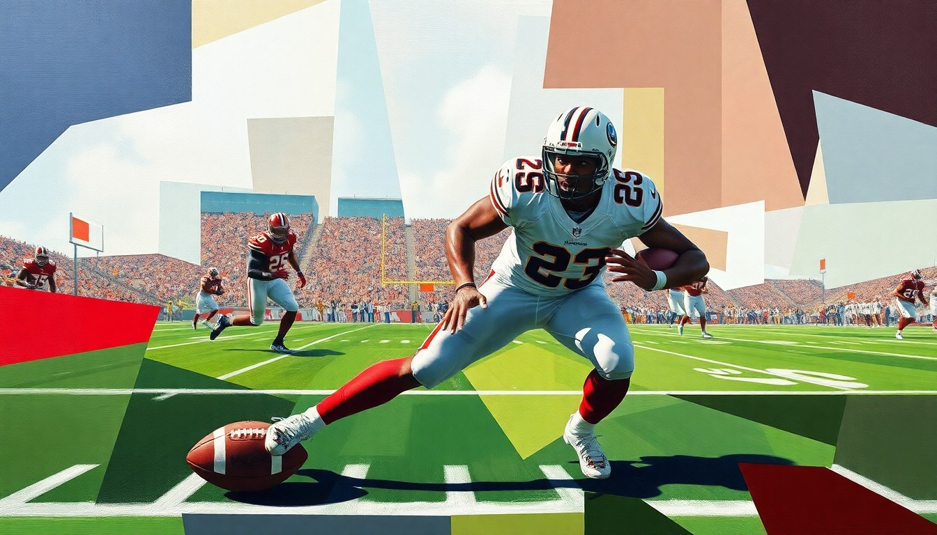 A fractured, cubist-style painting depicting a football game, with the focus on a distorted, geometric representation of a fumbled football on the field, reflecting the struggles of Taulia Tagovailoa in his professional debut.