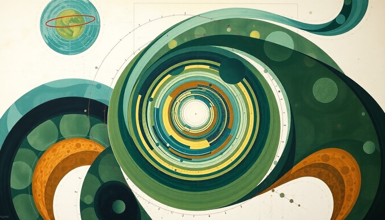 A highly structured abstract painting in soft, earthy tones of green, blue, and brown, featuring sweeping geometric arcs, concentric circles, and precise botanical spirals, conceptually representing the complex interconnectivity and structural order of the human brain.