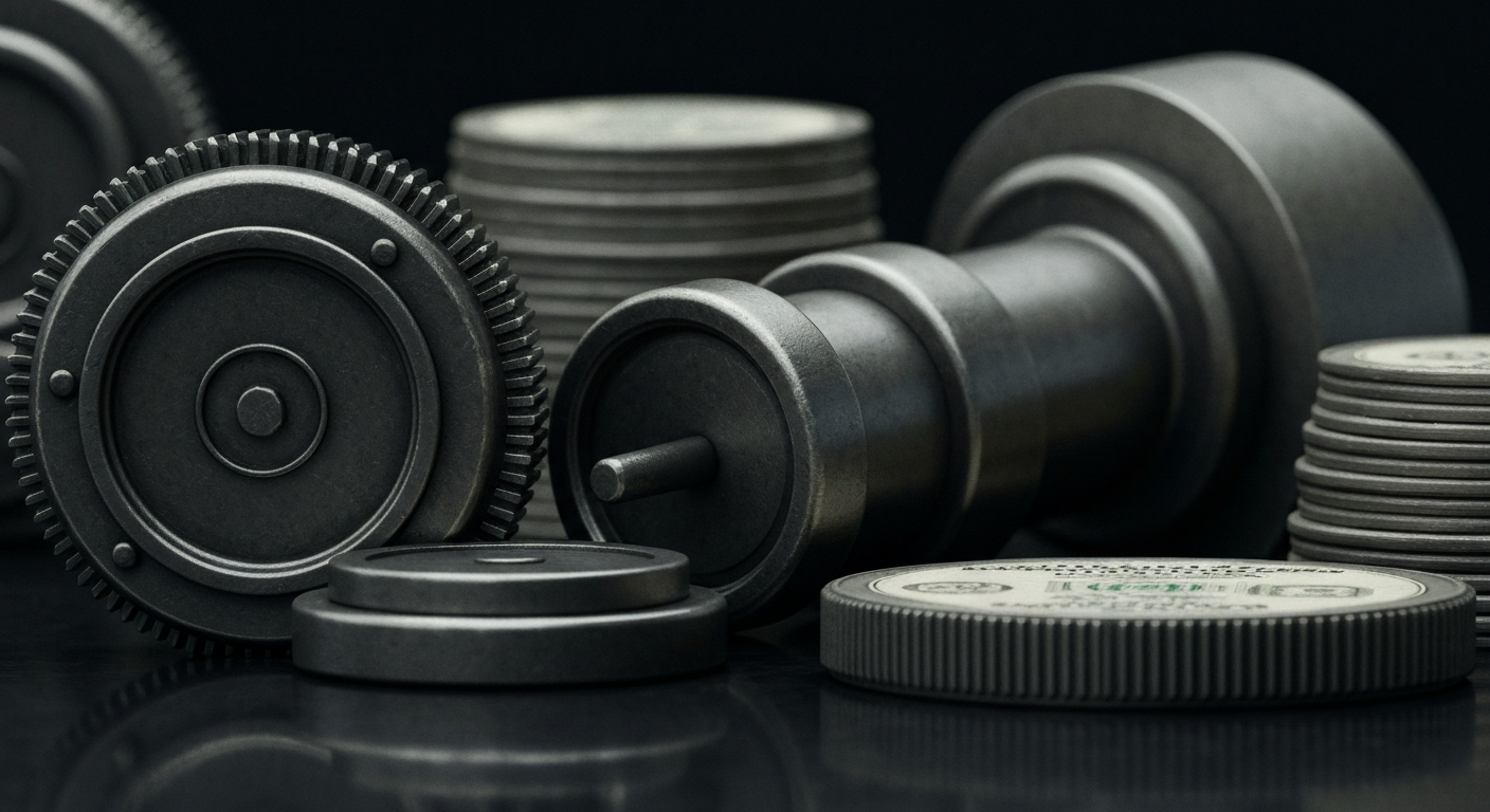 An extreme close-up of gears, levers, and other heavy industrial banking machinery, dramatically lit against a dark background to represent the physical infrastructure underlying financial markets.