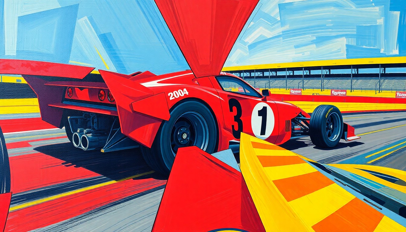 A cubist, geometric painting depicting a high-speed race car in motion, with the Tucson Speedway track broken down into sharp, overlapping planes of vibrant colors, capturing the energy and excitement of the qualifying session.