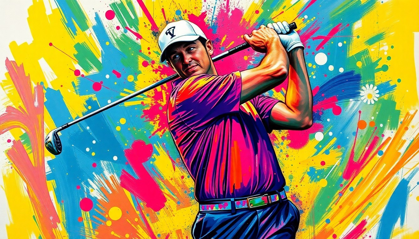 An extreme close-up of Ludvig Åberg's golf swing, captured in a vibrant, expressionist style with rapid brushstrokes and neon colors, conceptually representing the raw energy and precision of his game.