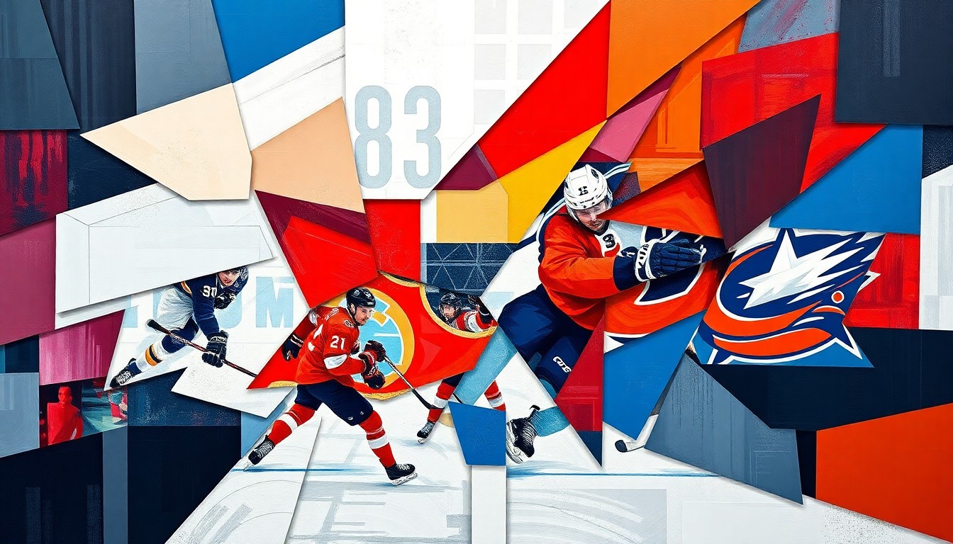 A cubist, geometric painting depicting a hockey game or match, with sharp, overlapping planes of color representing the teams involved in the playoff race.