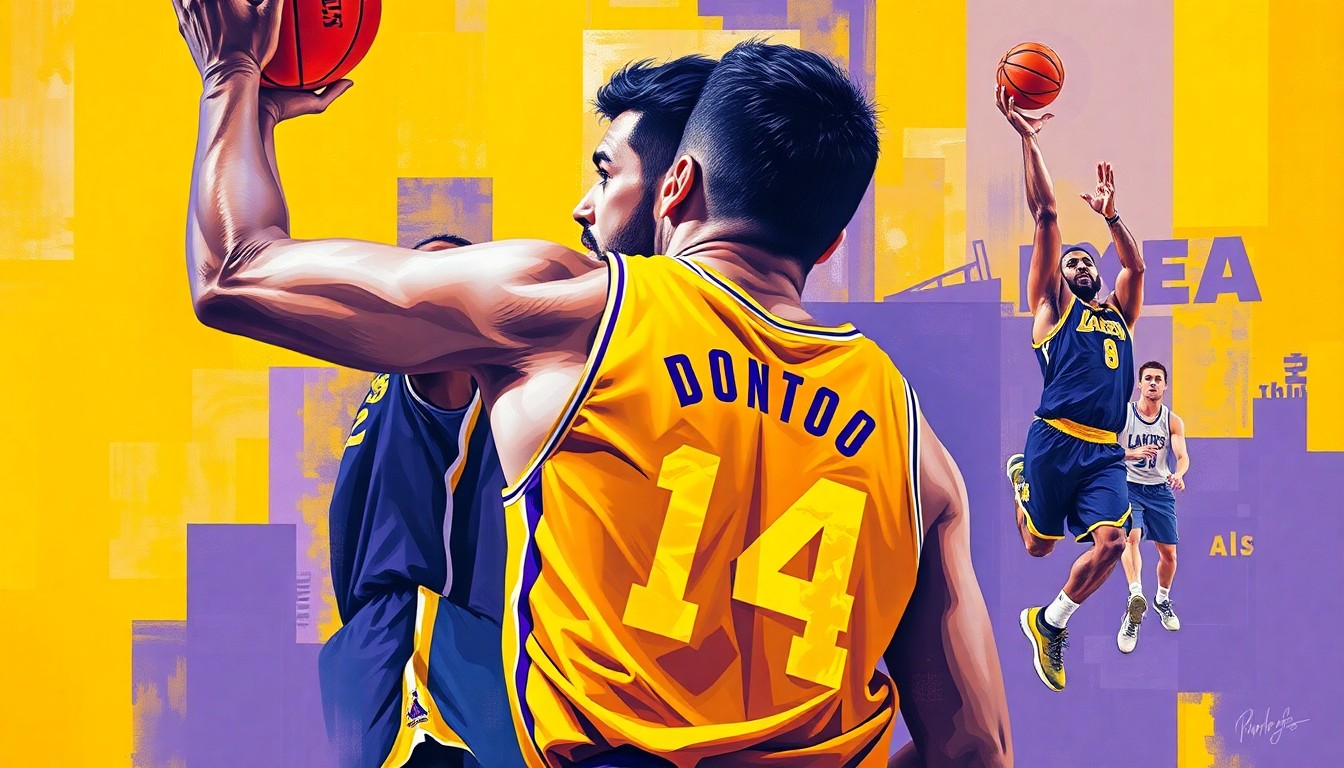 A cubist, geometric painting depicting Luka Dončić's basketball moves and plays, with sharp, overlapping planes of color representing the Lakers' uniform colors and Dončić's jersey number.