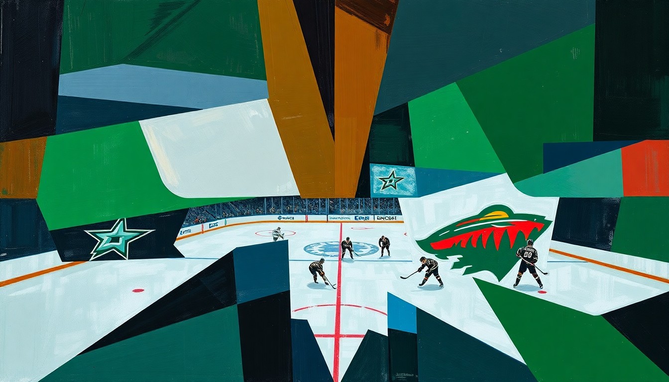 A fragmented, geometric painting depicting the action and movement of a hockey game, with sharp planes of color and overlapping shapes representing the players, the puck, and the intensity of the competition.