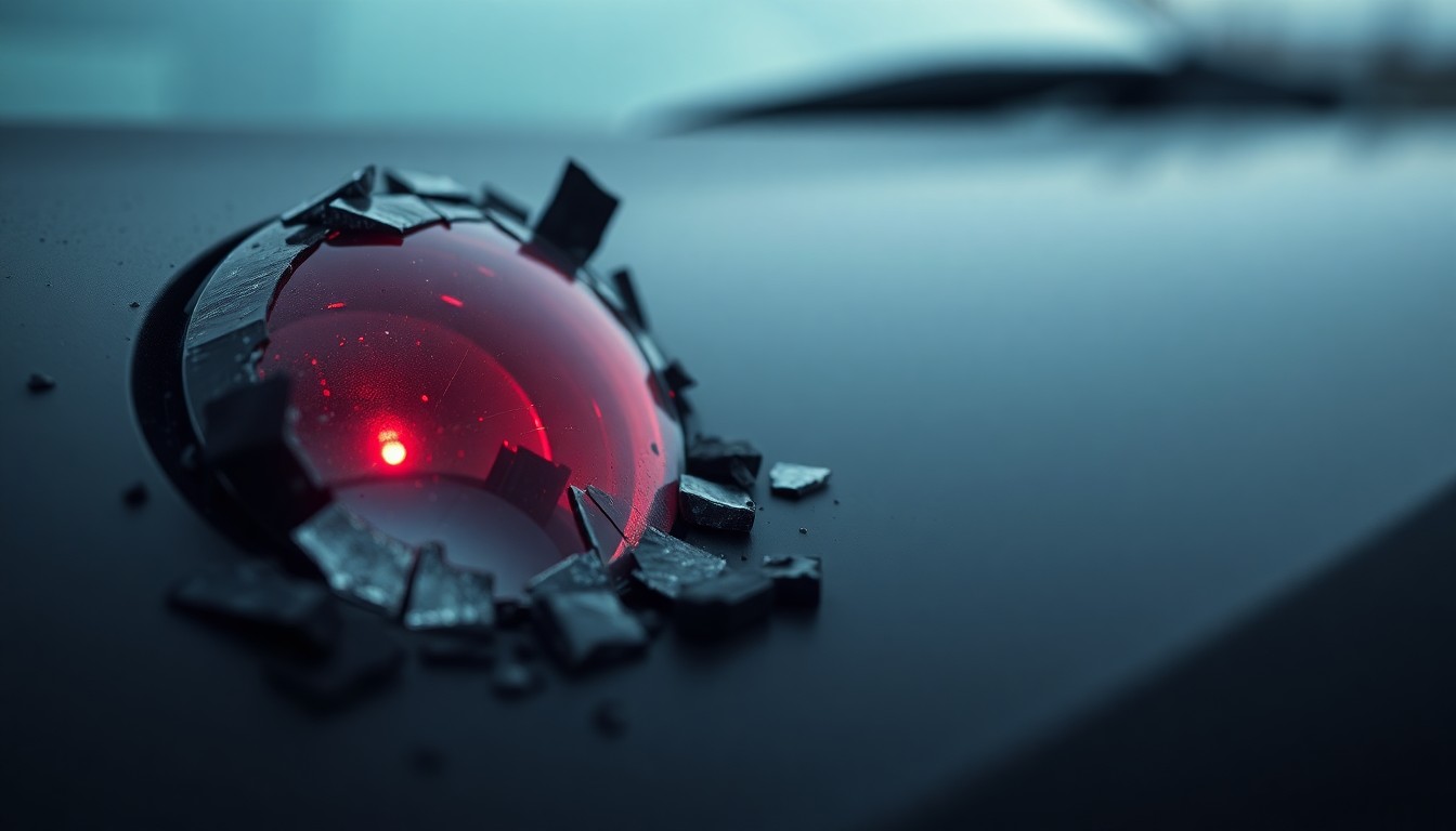 An extreme close-up photograph of a shattered car sensor lens reflecting a faint red light, conceptually representing the aftermath of a drunk driving incident and the damage caused to autonomous vehicle technology.