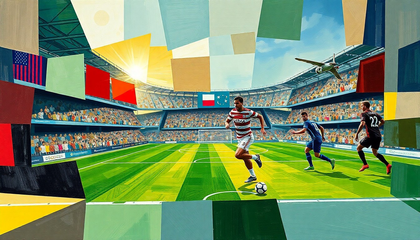 A cubist, geometric painting depicting a fractured, multi-angled view of a soccer match, with players and the field breaking down into sharp, overlapping planes of color, conceptually representing the tactical and creative challenges facing the USMNT.