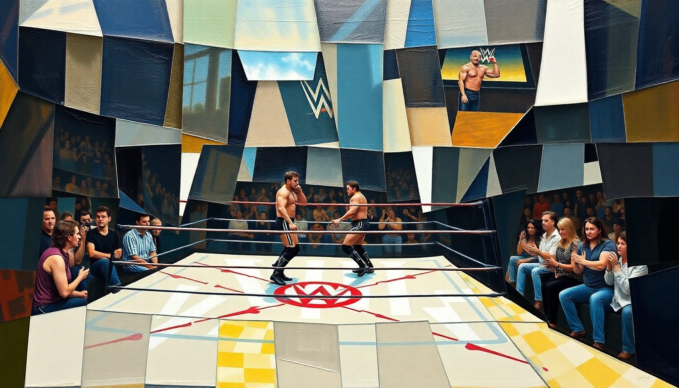 A fragmented, geometric painting depicting a WWE wrestling match or competition, with sharp, overlapping planes of color and form, conveying the complexity and disjointed nature of the recent SmackDown episode's narrative.