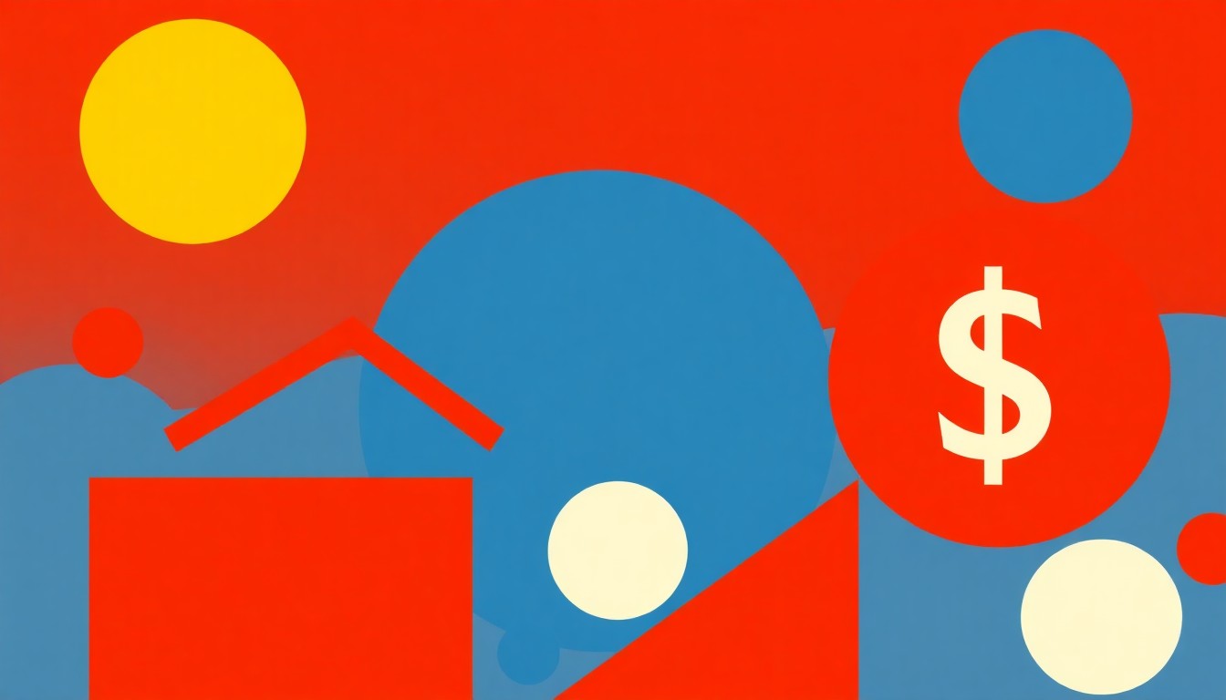 A vibrant abstract composition of overlapping triangles and circles in shades of red, blue, and yellow, conceptually representing the complex and shifting nature of inflation and its impact on the financial well-being of consumers.