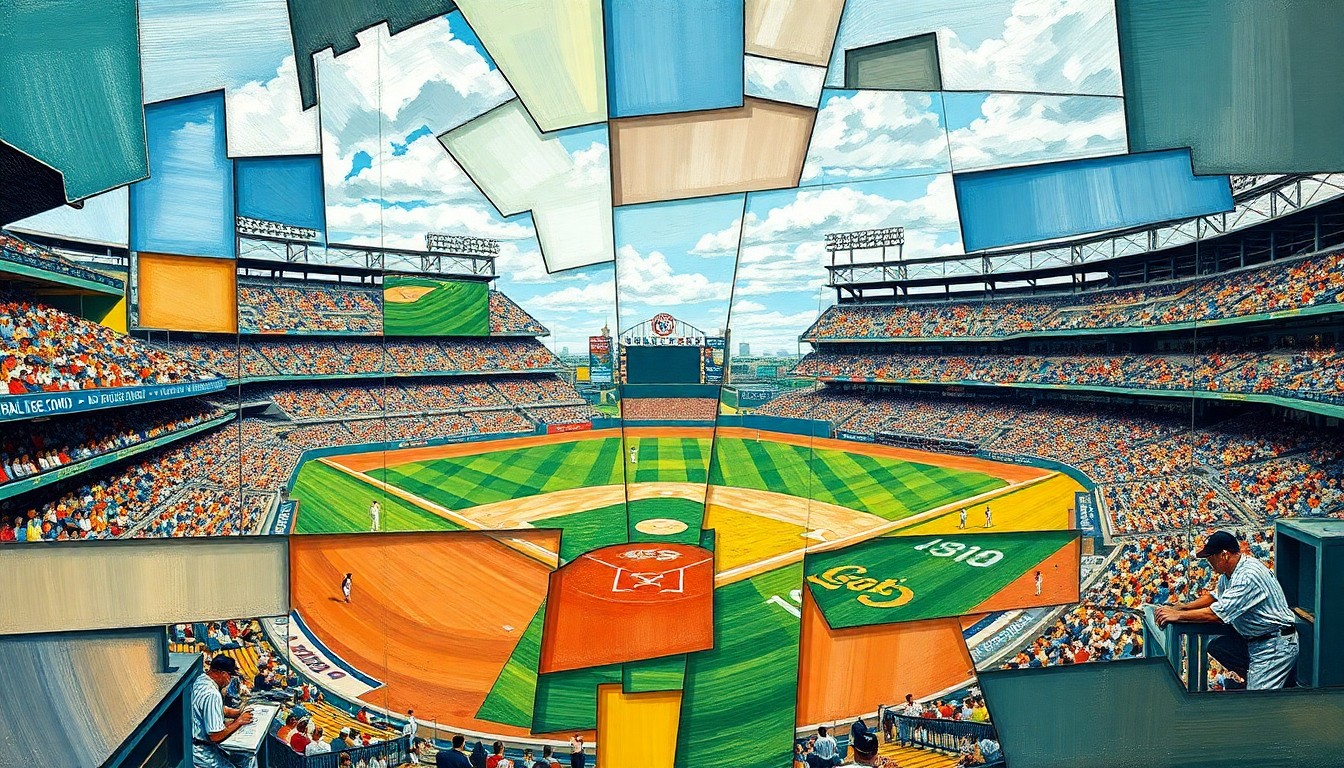 A cubist-style painting depicting a baseball game or match, with the players and field broken down into sharp, overlapping geometric shapes and planes, conveying the disruption and uncertainty caused by Soto's injury.