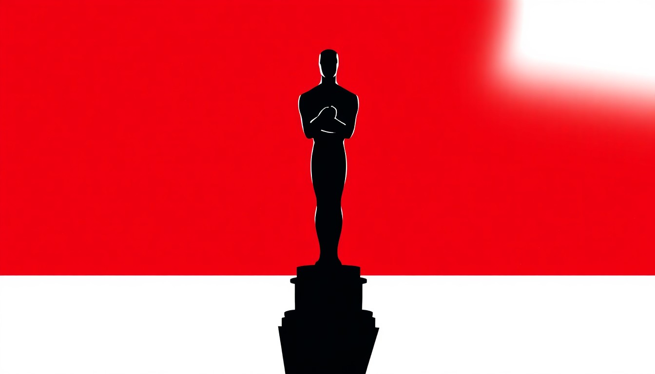 A minimalist, abstract illustration featuring a sharp, black silhouette of the Oscars statuette against a high-contrast background of deep red and bright white, conceptually representing the tension between the glamour and excess of Hollywood events.