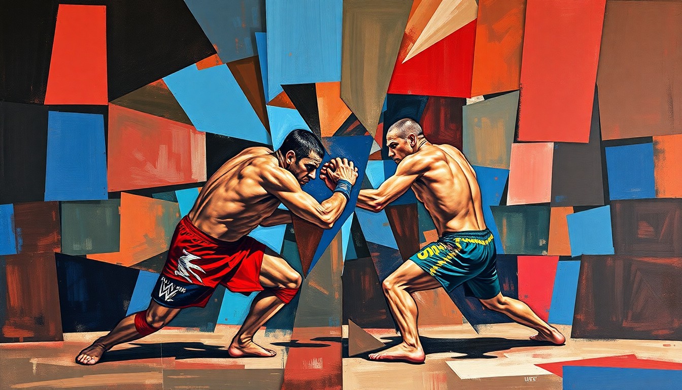 A cubist, geometric painting depicting a wrestling or MMA match, with the figures and actions broken down into sharp, overlapping planes of color in shades of blue, red, and brown, capturing the raw power and intensity of the sport.