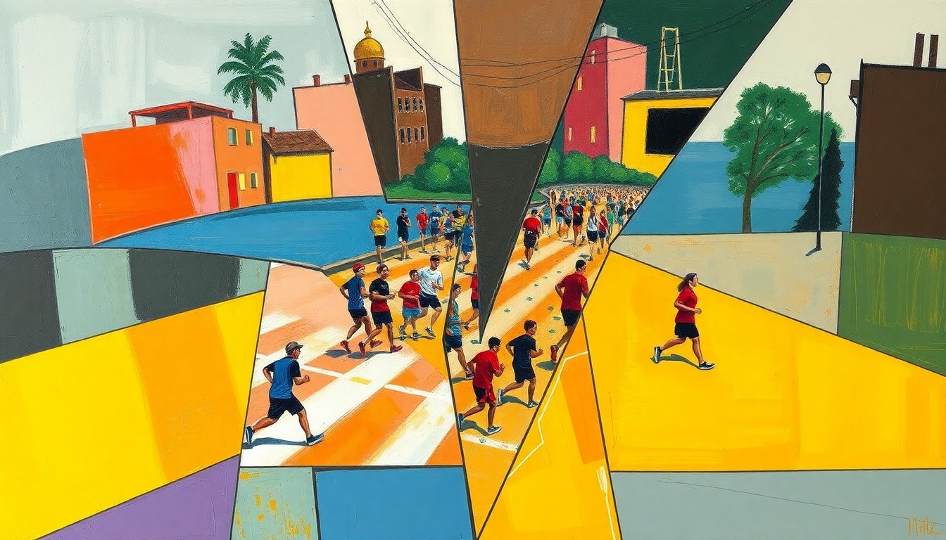 A cubist-style painting depicting a community running event, with sharp, overlapping geometric shapes in bright colors representing the energy and diversity of the participants.