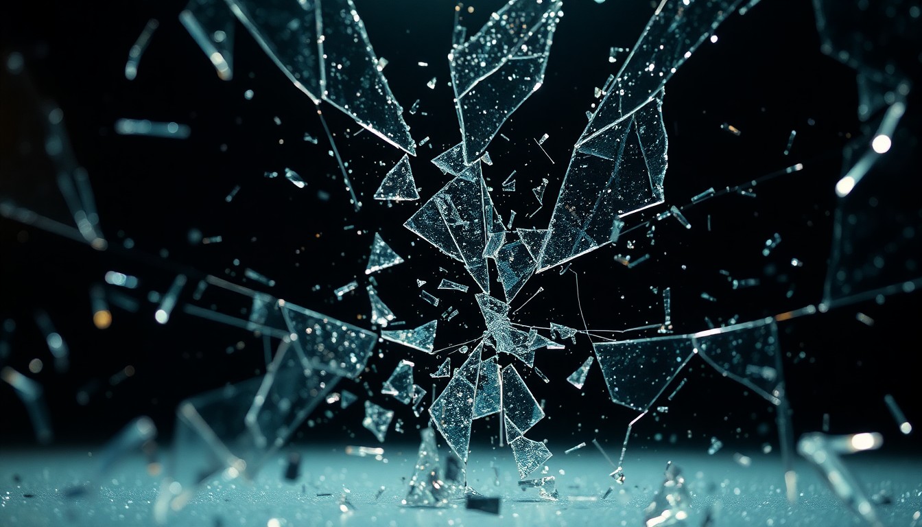 An extreme close-up of shattered glass and glittering shards, captured in dramatic high-contrast studio lighting to create a gritty, high-stakes aesthetic that conceptually represents the crime thriller 'Kockroach'.