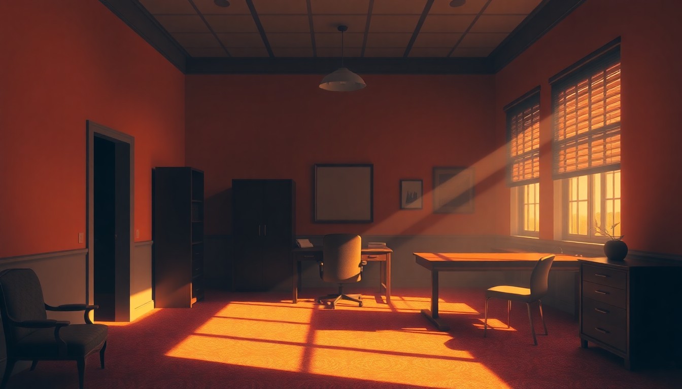 A dimly lit, cinematic painting of an empty diplomatic office space, with a lone desk and chair bathed in warm, diagonal sunlight, conveying a sense of quiet contemplation and the lasting impact of diplomatic service.