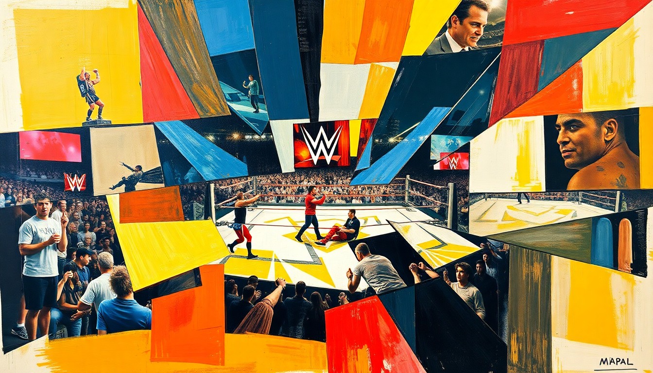 A cubist, geometric painting depicting a fragmented, multi-angled view of a WWE wrestling match, with sharp planes of color and form representing the dynamic energy and action of the sport.