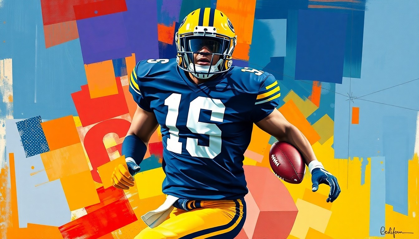 A fractured, cubist-style painting depicting a college football player in motion, with their jersey number partially visible but their face and other identifying features abstracted into sharp, overlapping geometric shapes in the official colors of the California Golden Bears.