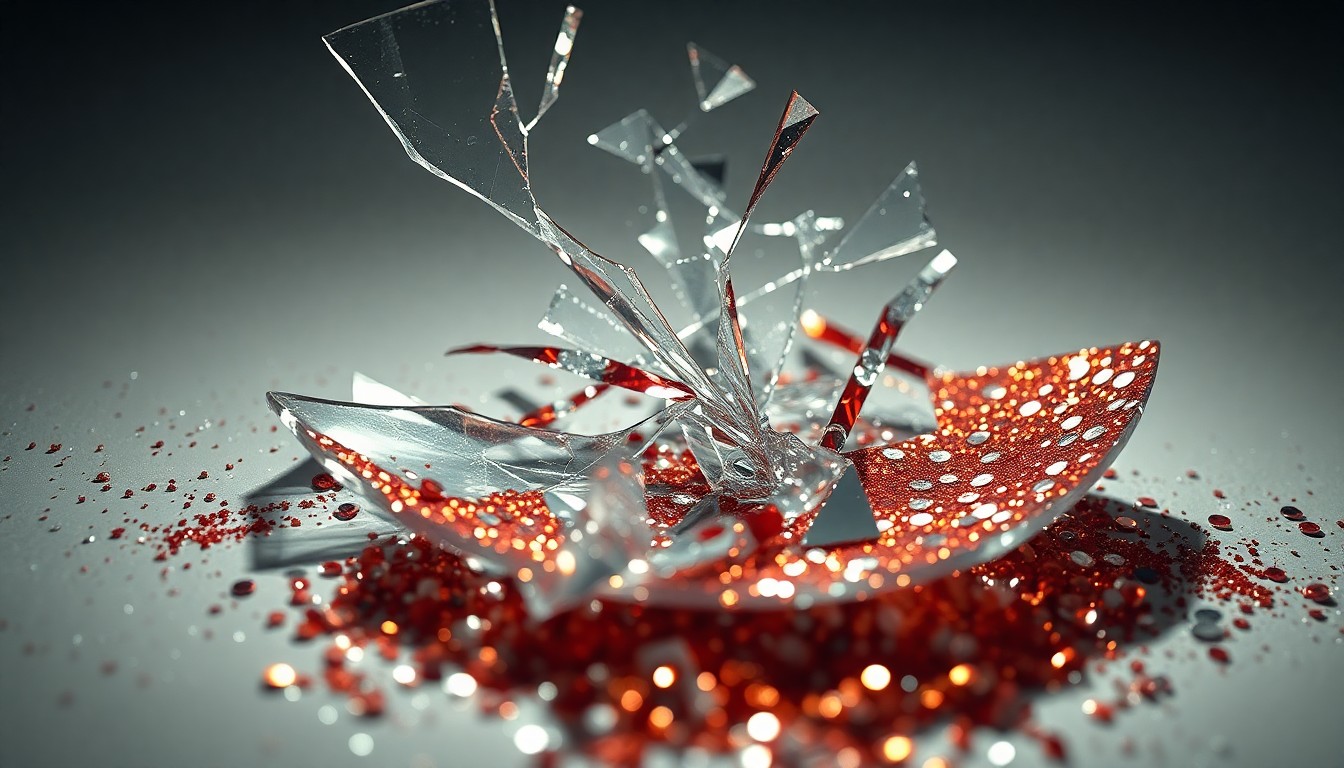An abstract close-up image featuring shattered glass and glittering sequins, captured in dramatic, high-contrast studio lighting to convey the fragility and glamour of a celebrity relationship.