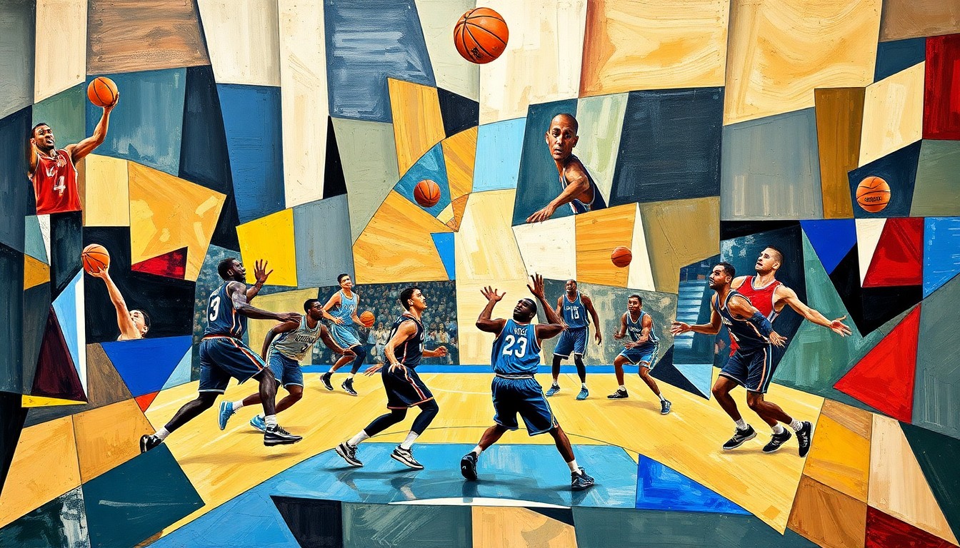 A cubist-style painting depicting the dynamic movement and energy of a basketball game, with the players' forms broken down into abstract geometric shapes and planes.