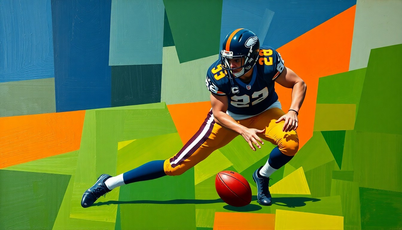 A fractured, multi-perspective painting depicting a safety making a play on the football field, with sharp, overlapping geometric planes in navy blue, burnt orange, and forest green, conveying the versatility and impact of a modern defensive playmaker.