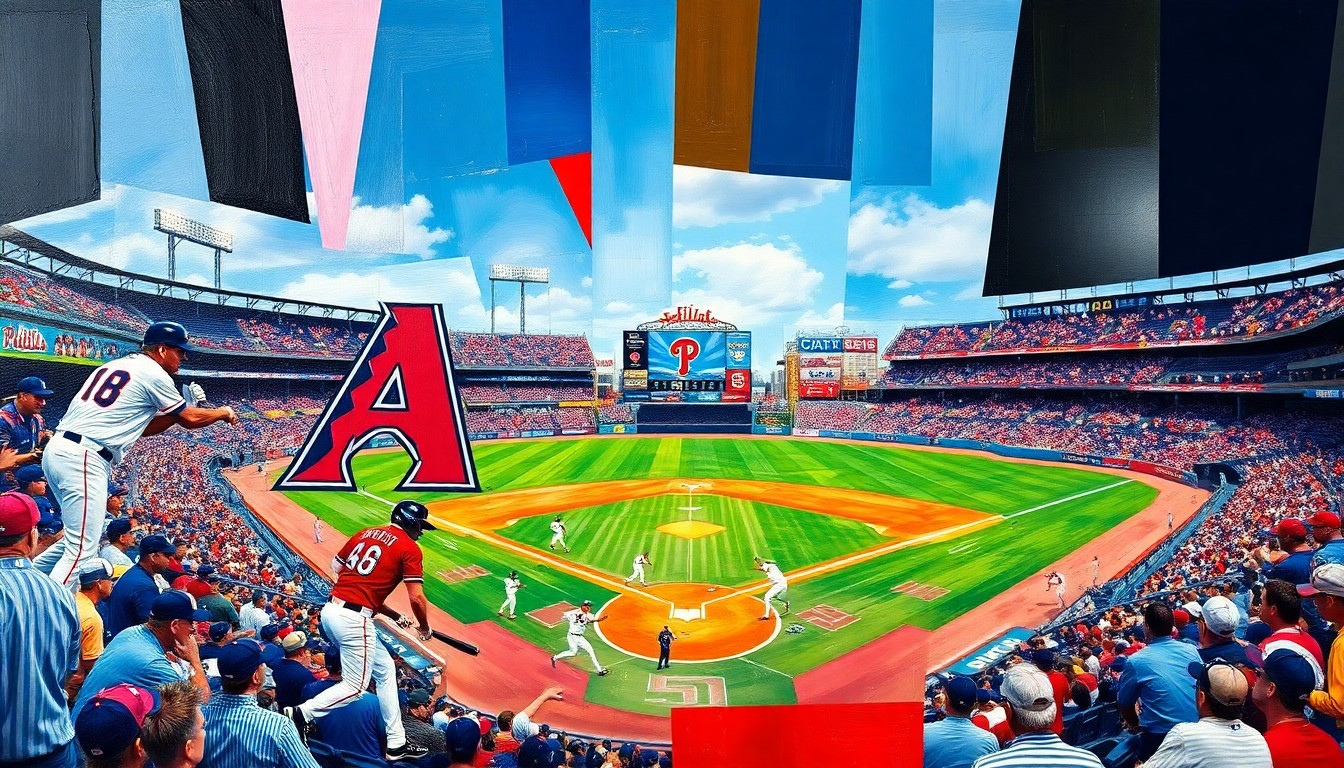 A cubist, geometric painting depicting a baseball game between the Arizona Diamondbacks and Philadelphia Phillies, with sharp, overlapping planes of color representing the dynamic action on the field.
