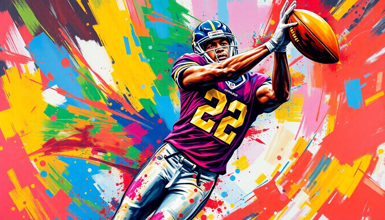 An abstract, expressionist painting in vibrant neon colors depicting the dynamic, explosive movements of a wide receiver making a leaping catch, with the player's features dissolving into unrecognizable brushstrokes.