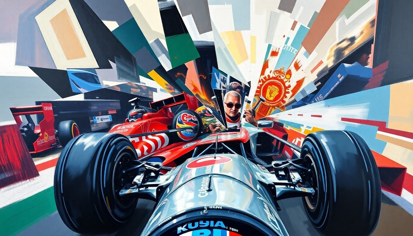 A cubist, geometric painting depicting a Formula One race crash, with sharp, overlapping planes of color and form conveying the intensity and chaos of the incident.