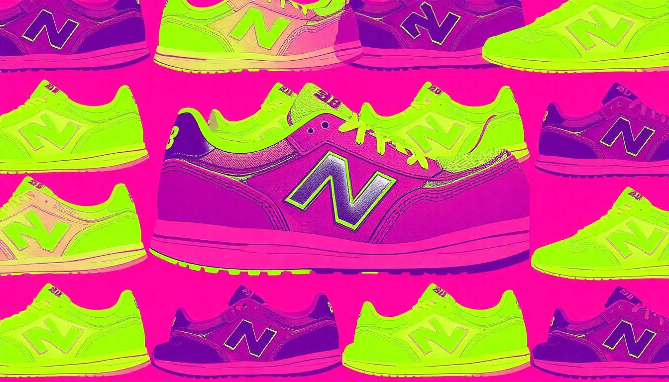 A high-contrast, silkscreen-style illustration of a New Balance ABZORB 2000 sneaker in a vibrant neon green, black, and metallic silver color palette, conceptually representing the shoe's bold, futuristic design.