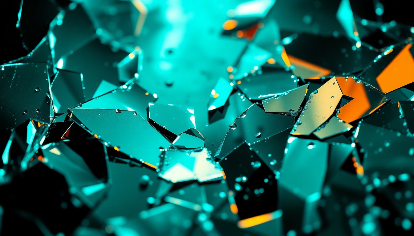 An extreme close-up of shattered neon glass and metallic surfaces, reflecting dramatic studio lighting to create a high-tech, glamorous aesthetic that captures the essence of the Cyberpunk universe.