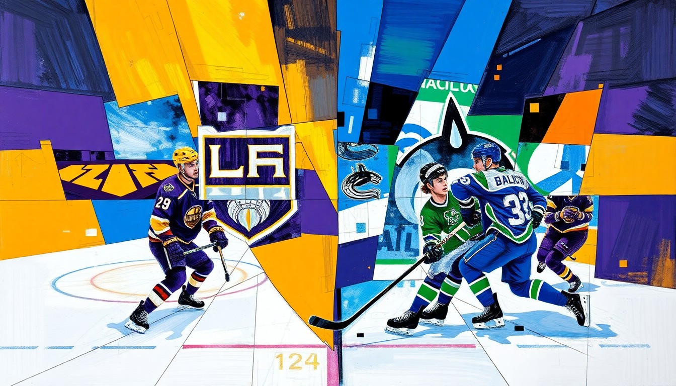 A fractured, multi-perspective painting in bold, overlapping geometric shapes and planes of purple, gold, blue, and green, capturing the dynamic energy of a hockey game between the LA Kings and Vancouver Canucks.