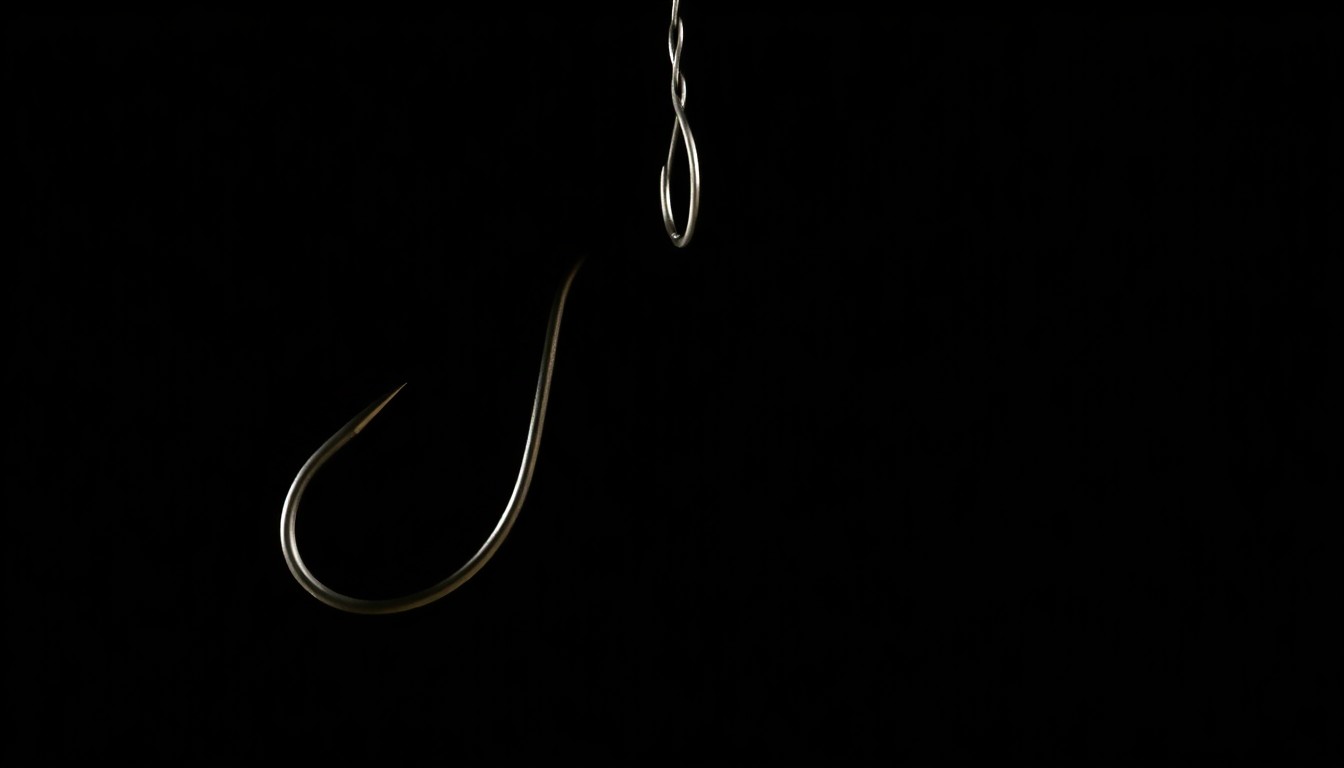 An extreme close-up of a rusted fishing hook against a pitch-black background, creating a stark, gritty, and investigative aesthetic that conceptually represents the hidden dangers of outdoor activities.