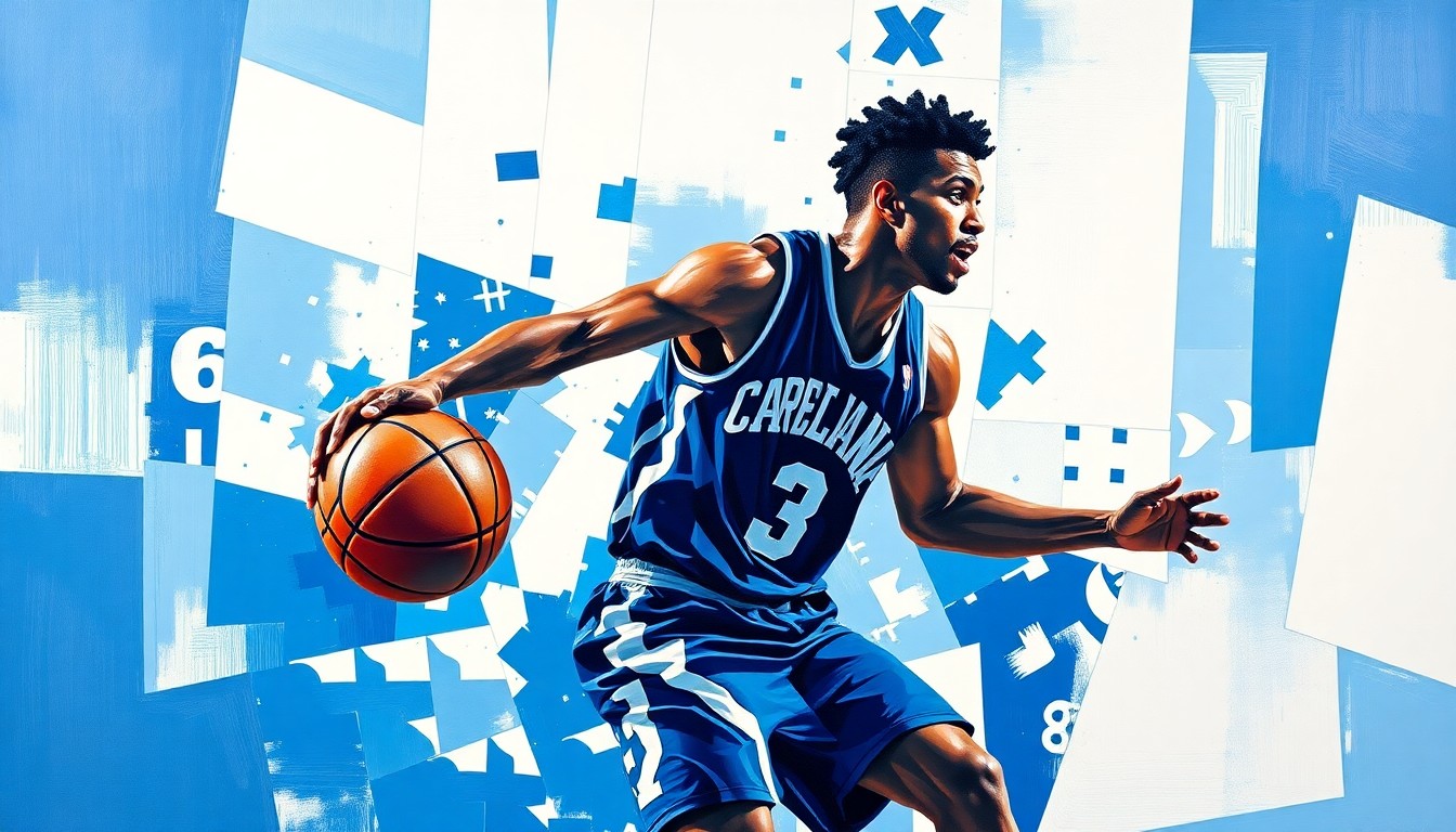 A cubist, geometric painting depicting a college basketball player in motion, with sharp planes of Carolina blue, navy, and white colors overlapping to create a fragmented, multi-perspective view of the athlete.