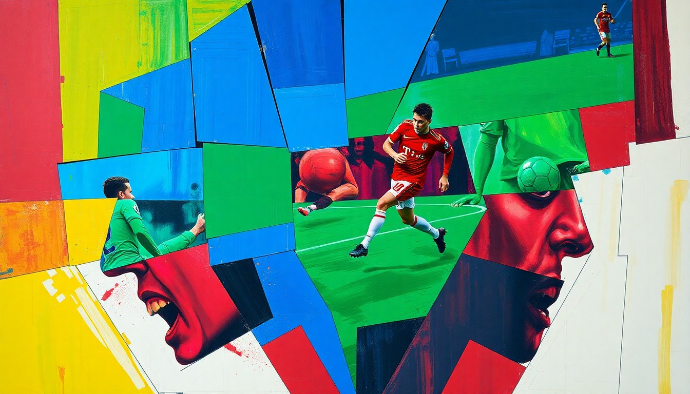 A cubist, geometric painting depicting fragmented scenes of a football match, transfer negotiations, and player actions, using vibrant colors to capture the dynamic nature of the sport.