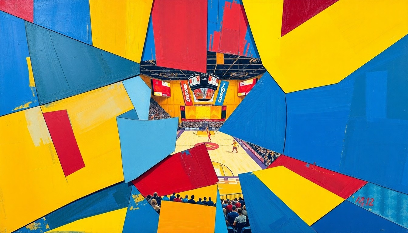A fractured, multi-perspective painting in bold, vibrant colors depicting the action of a women's basketball championship game, with the players and court broken down into sharp, overlapping geometric shapes and planes.