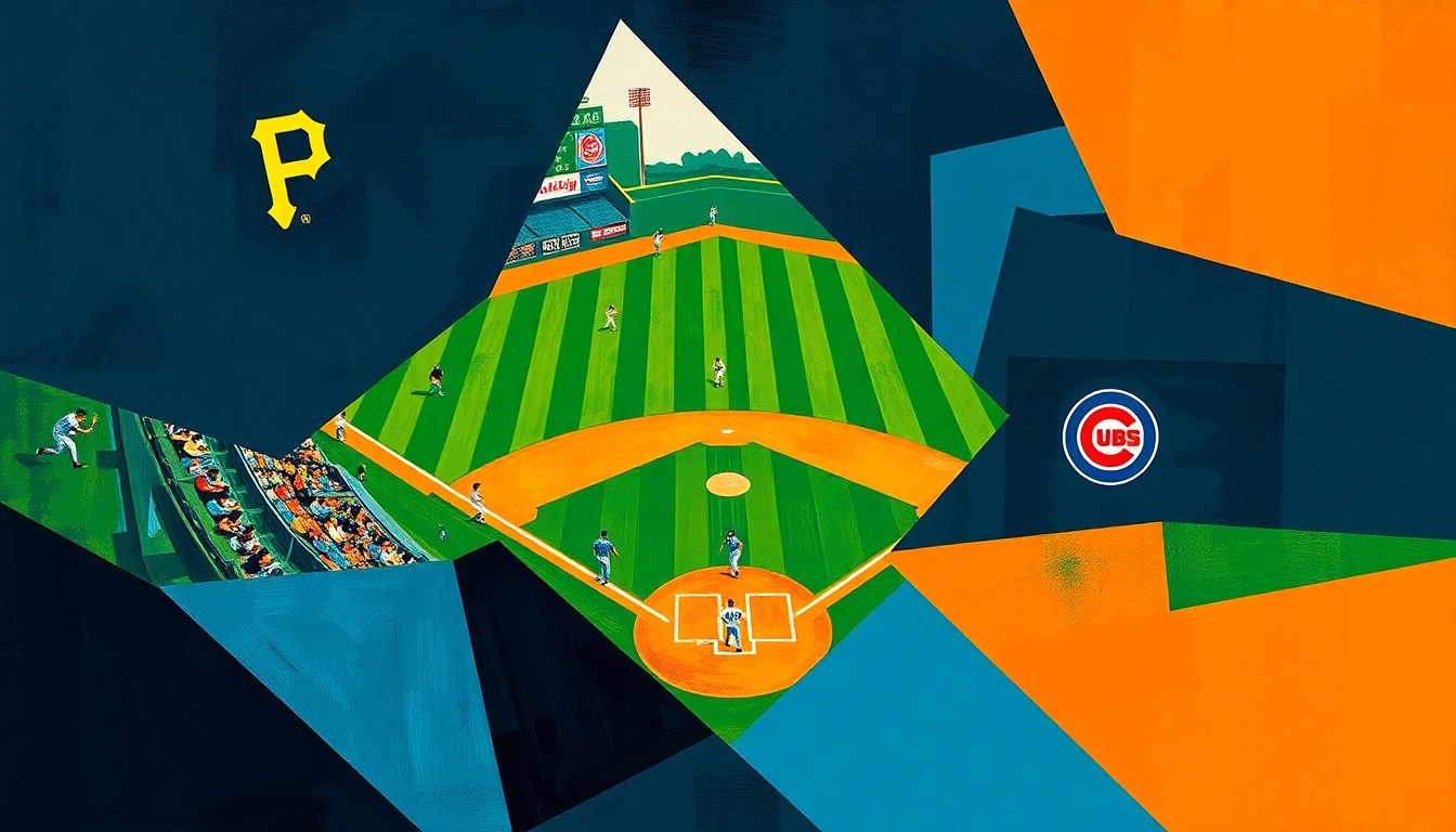 A cubist, geometric painting depicting a baseball game between the Pittsburgh Pirates and the Chicago Cubs, with the players and field of play broken down into sharp, overlapping shapes in a vibrant color palette, capturing the dynamic energy and adaptability of the game.