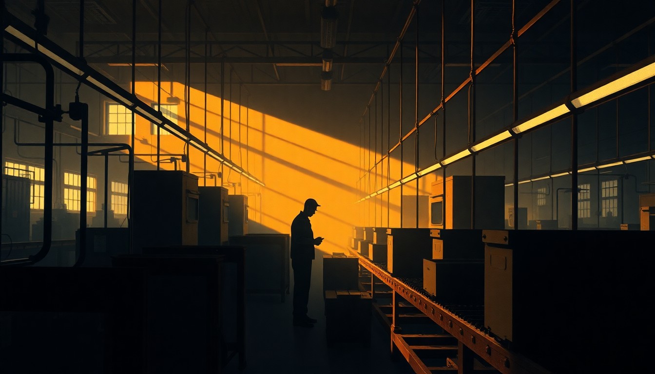 A photorealistic painting of a lone factory worker standing at an assembly line, their face in shadow as warm light streams in from a window, conveying a sense of quiet contemplation amidst the industrial setting.