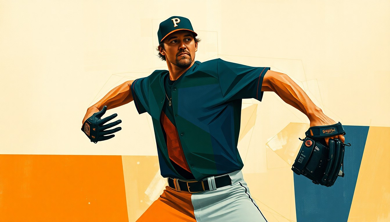 An abstract, cubist-style painting depicting a baseball pitcher's throwing motion broken down into overlapping geometric shapes and planes in shades of navy, green, and orange, conceptually representing the Mets' search for bullpen depth and versatility.