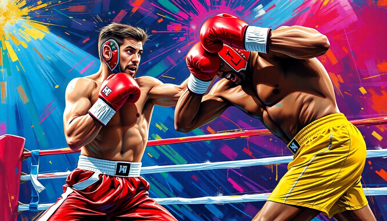 A dynamic, neon-colored painting depicting the intense, explosive movements of a boxer in the midst of a match, capturing the raw energy and power of the sport.