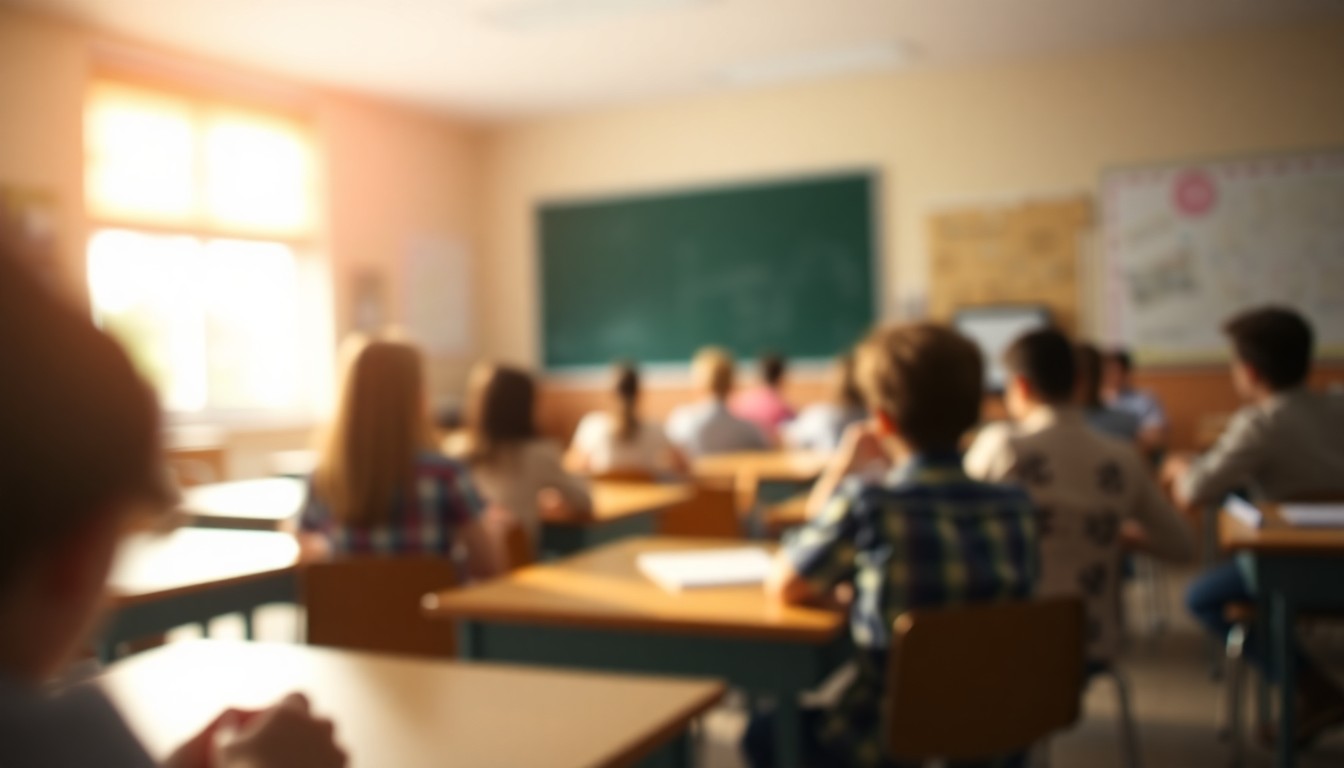 An abstract, out-of-focus scene of a classroom, with soft, warm pools of light and color, conveying the emotional impact of budget cuts on the educational experience.
