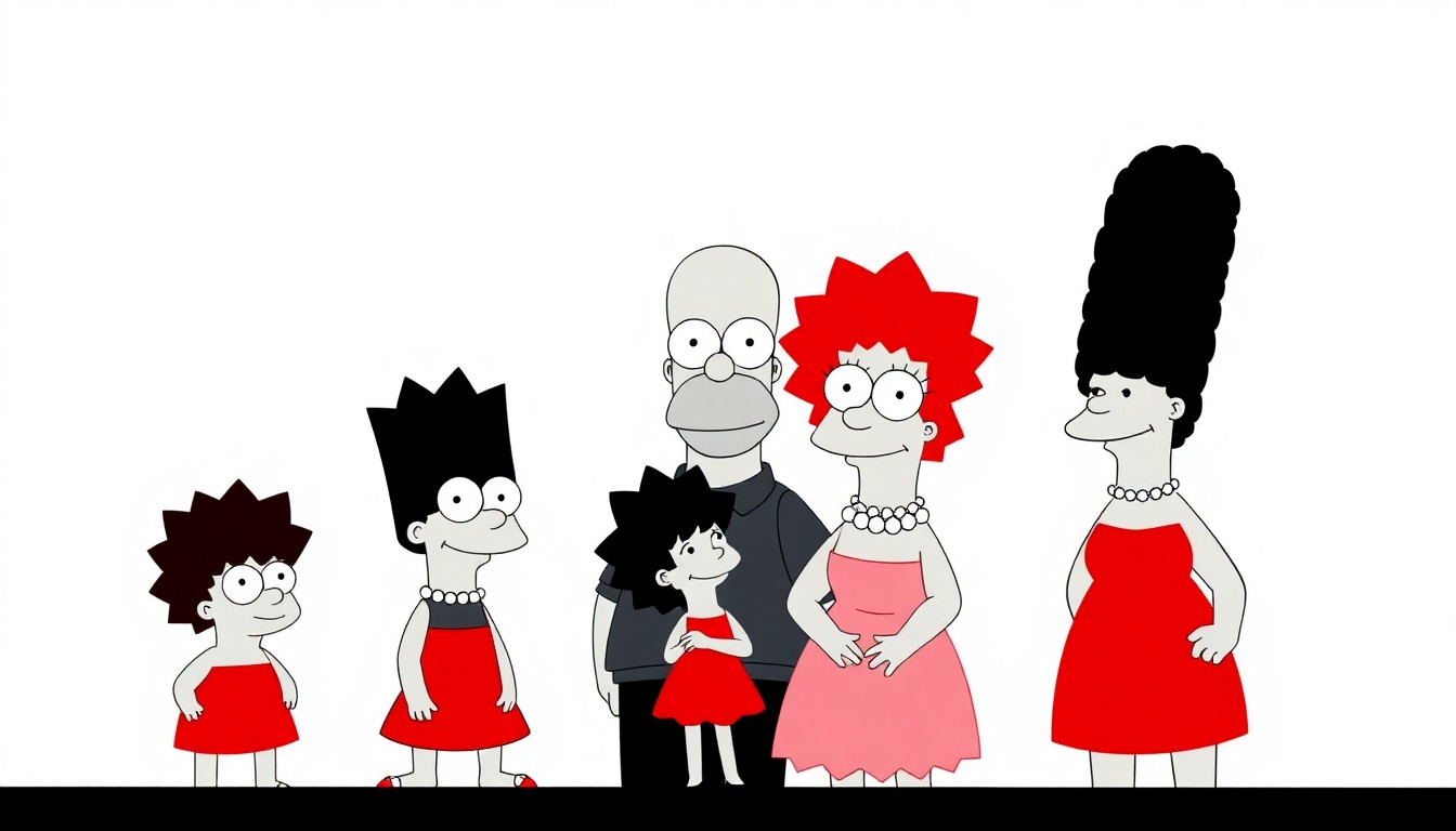 A bold, abstract illustration featuring jagged geometric shapes and solid colors in a high-contrast composition, representing the iconic Simpsons family in a conceptual, non-literal way.