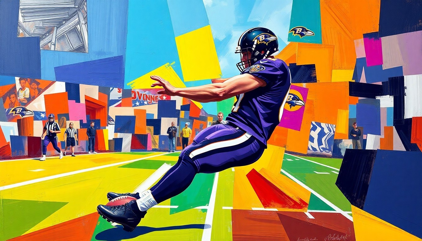 A cubist-style painting depicting a football punting action broken down into sharp, overlapping geometric shapes and planes in the Ravens' team colors of purple and orange, conveying the strategic and technical complexities of special teams play.